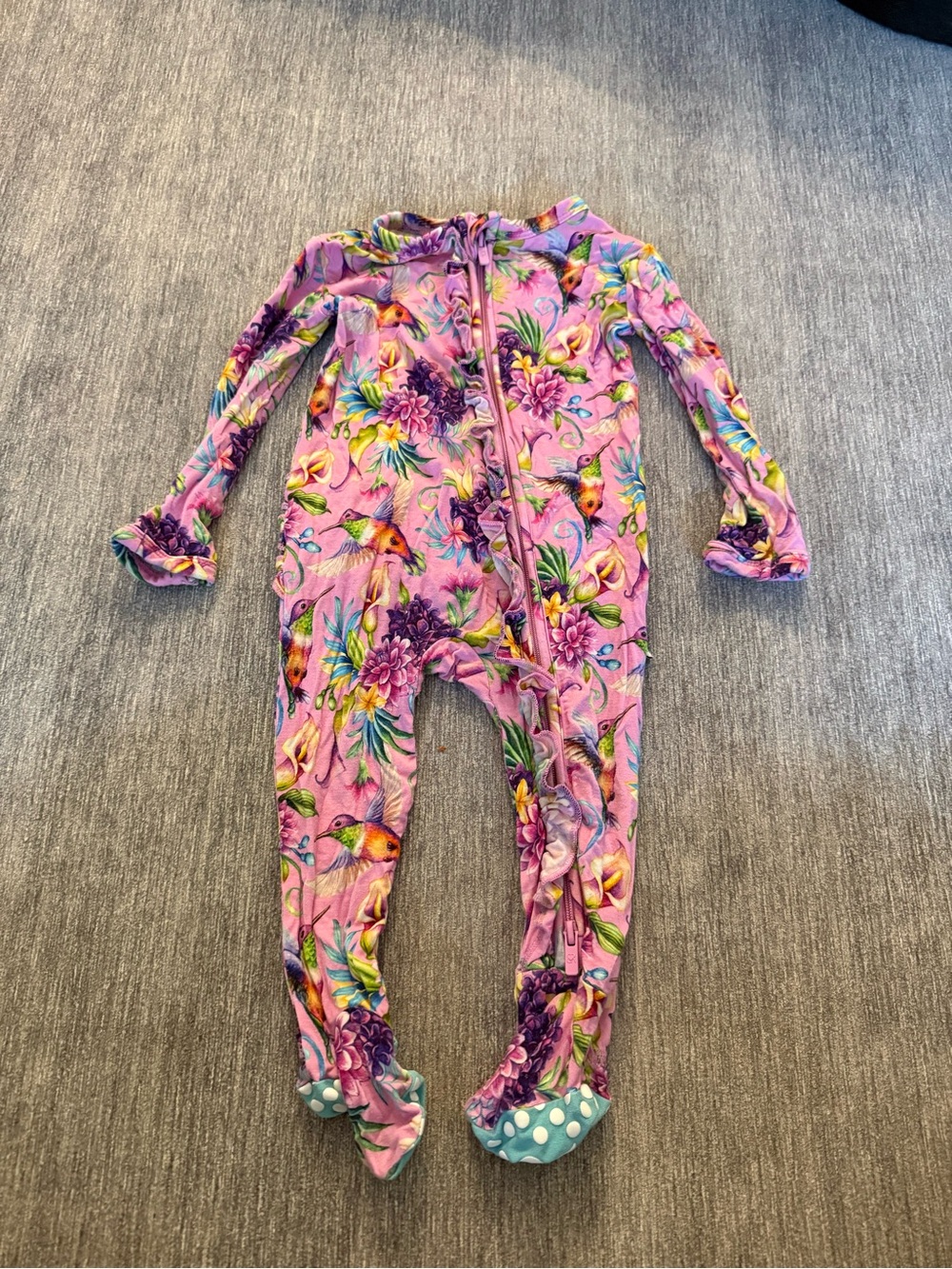 Bums and Roses Ruffles Bottom Kids Pink Floral & Bird One-Piece Sleeper